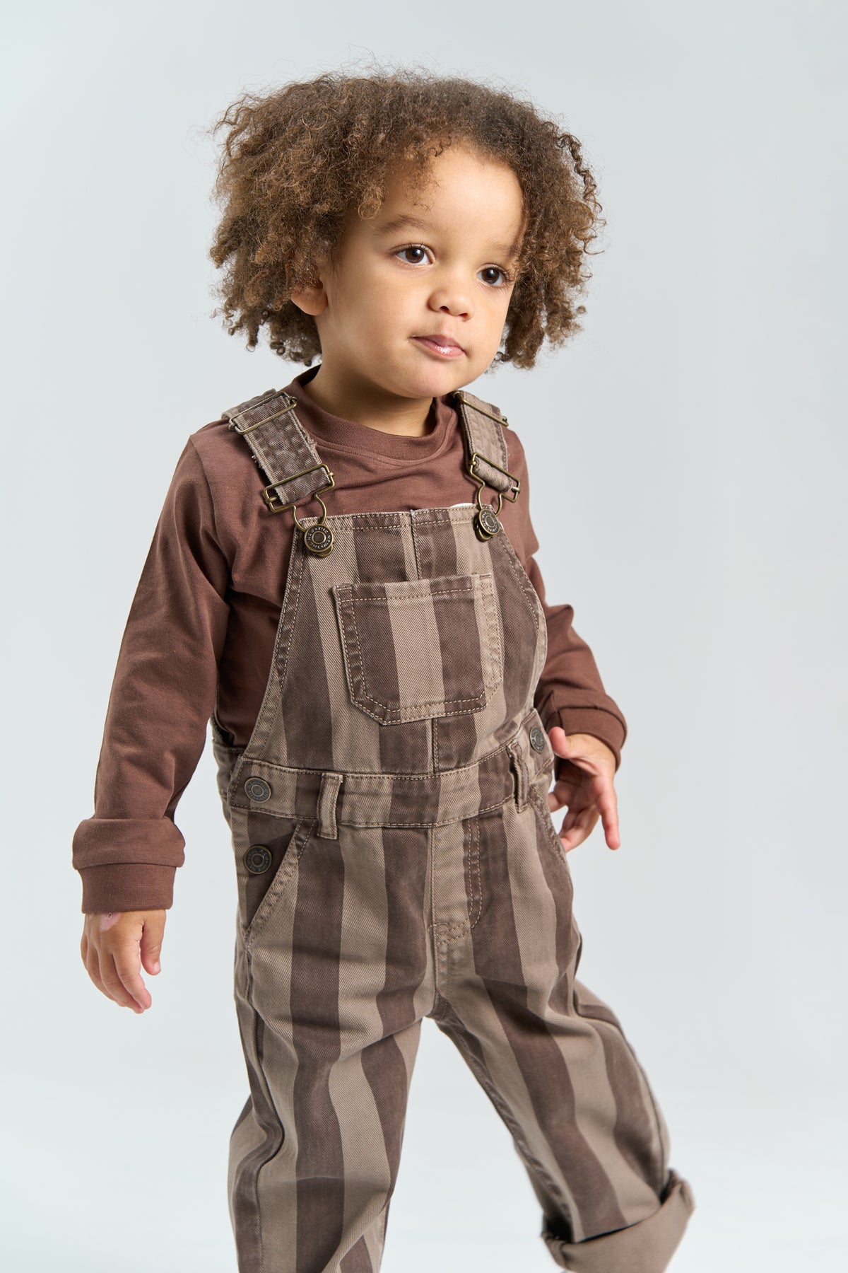 The new sibling - overalls  - Taupe Gray stripes